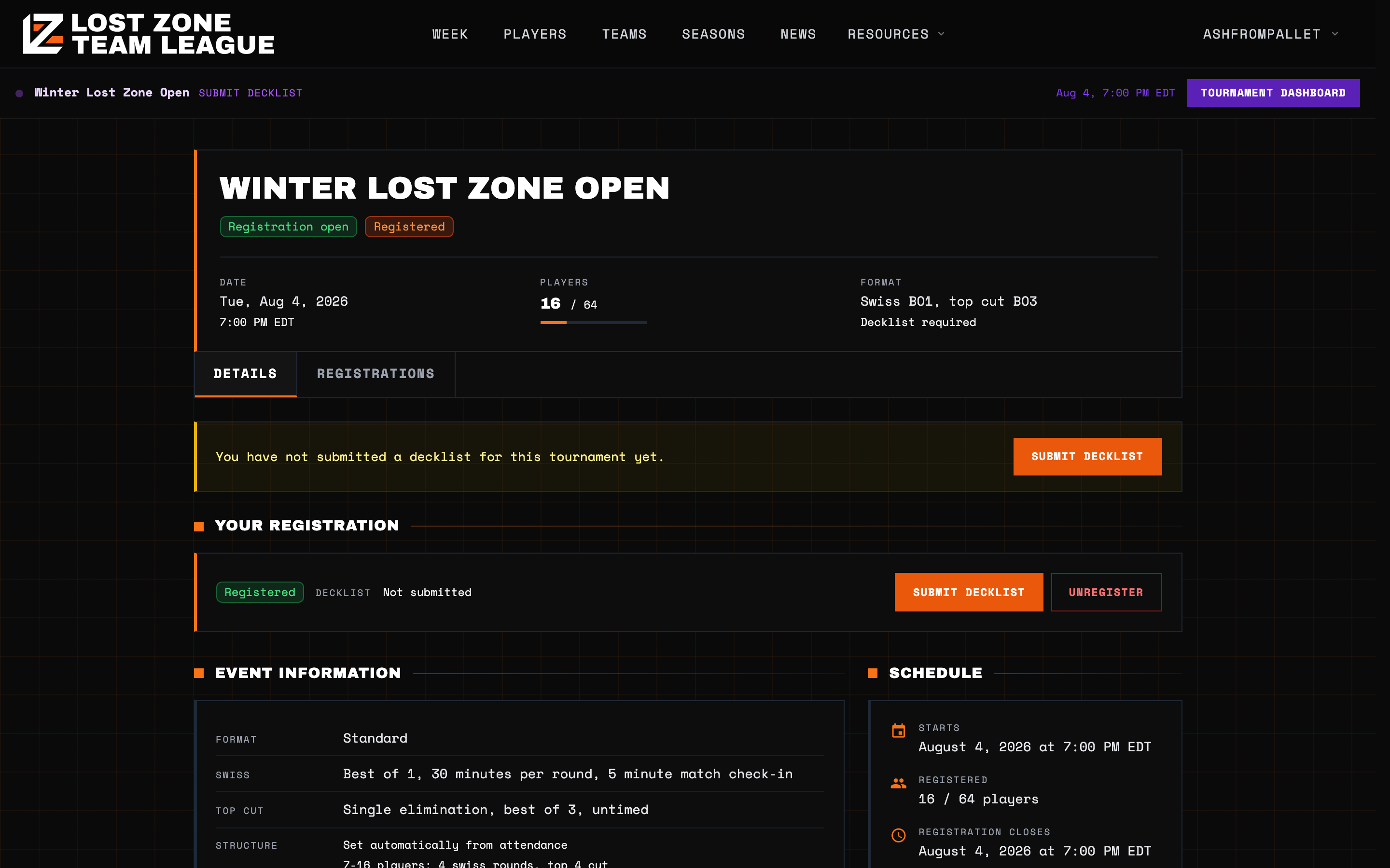 The tournament page showing a reminder that no decklist has been submitted yet