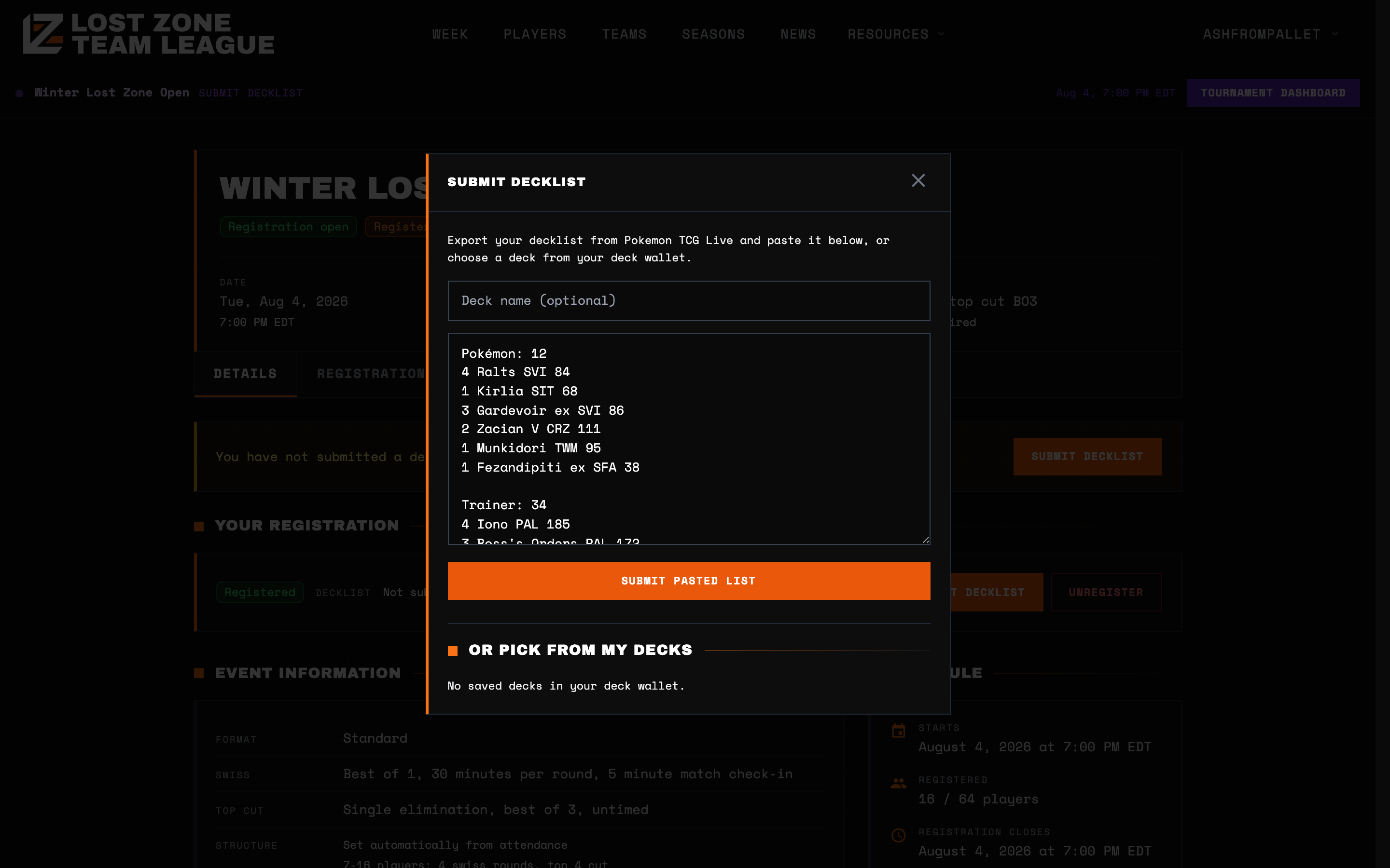 The submit decklist dialog with a pasted Pokemon TCG Live export