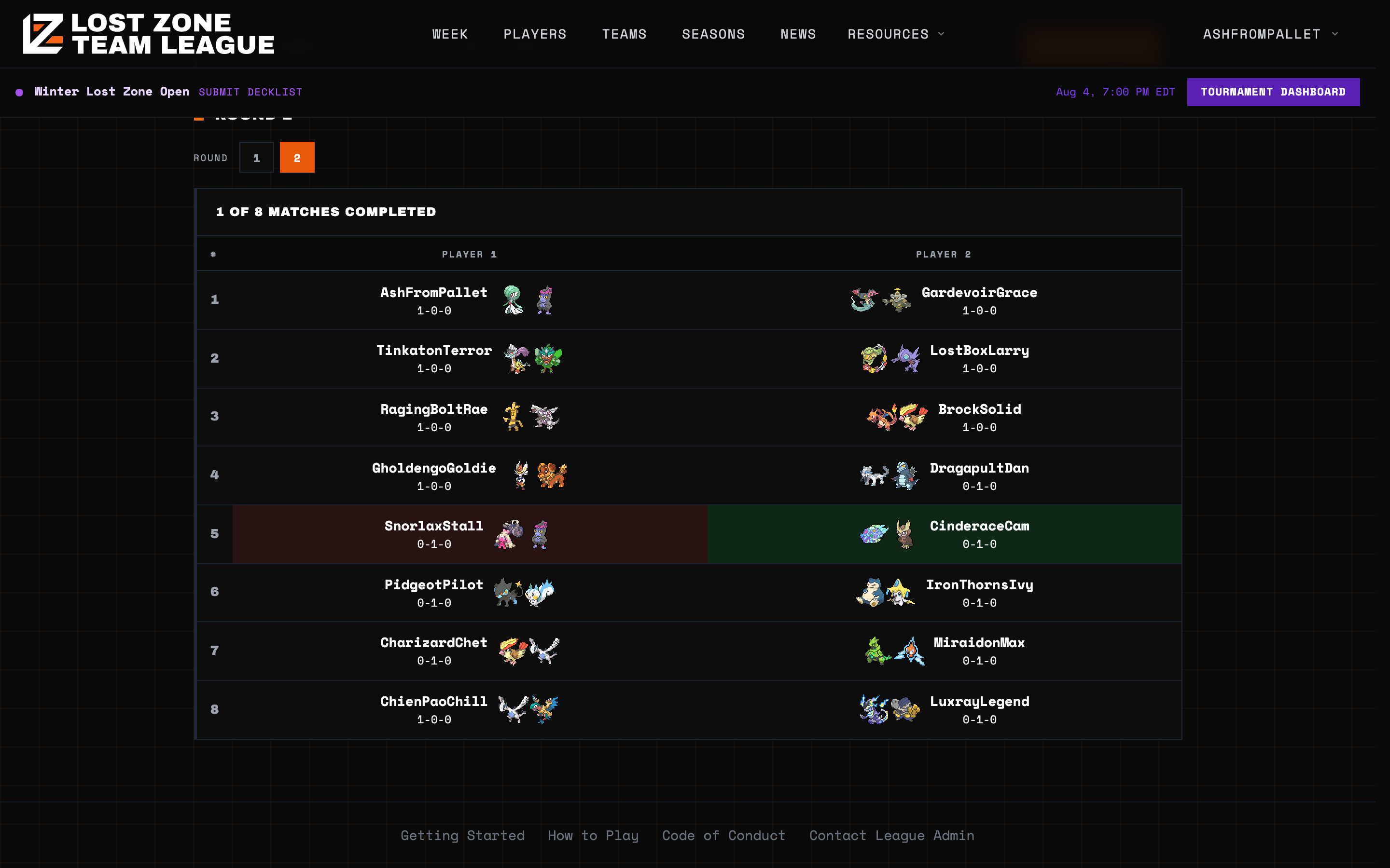 Round 2 pairings showing eight tables with player records and deck icons