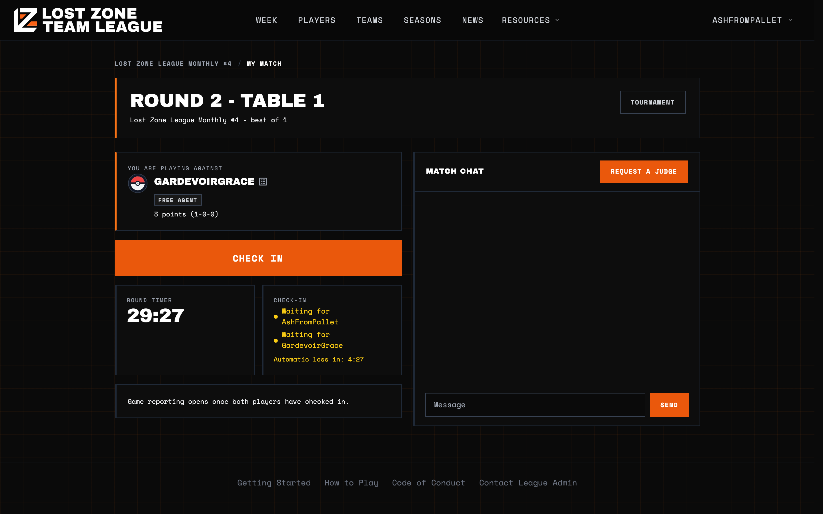 The my match page showing a Check In button, round timer and automatic loss countdown