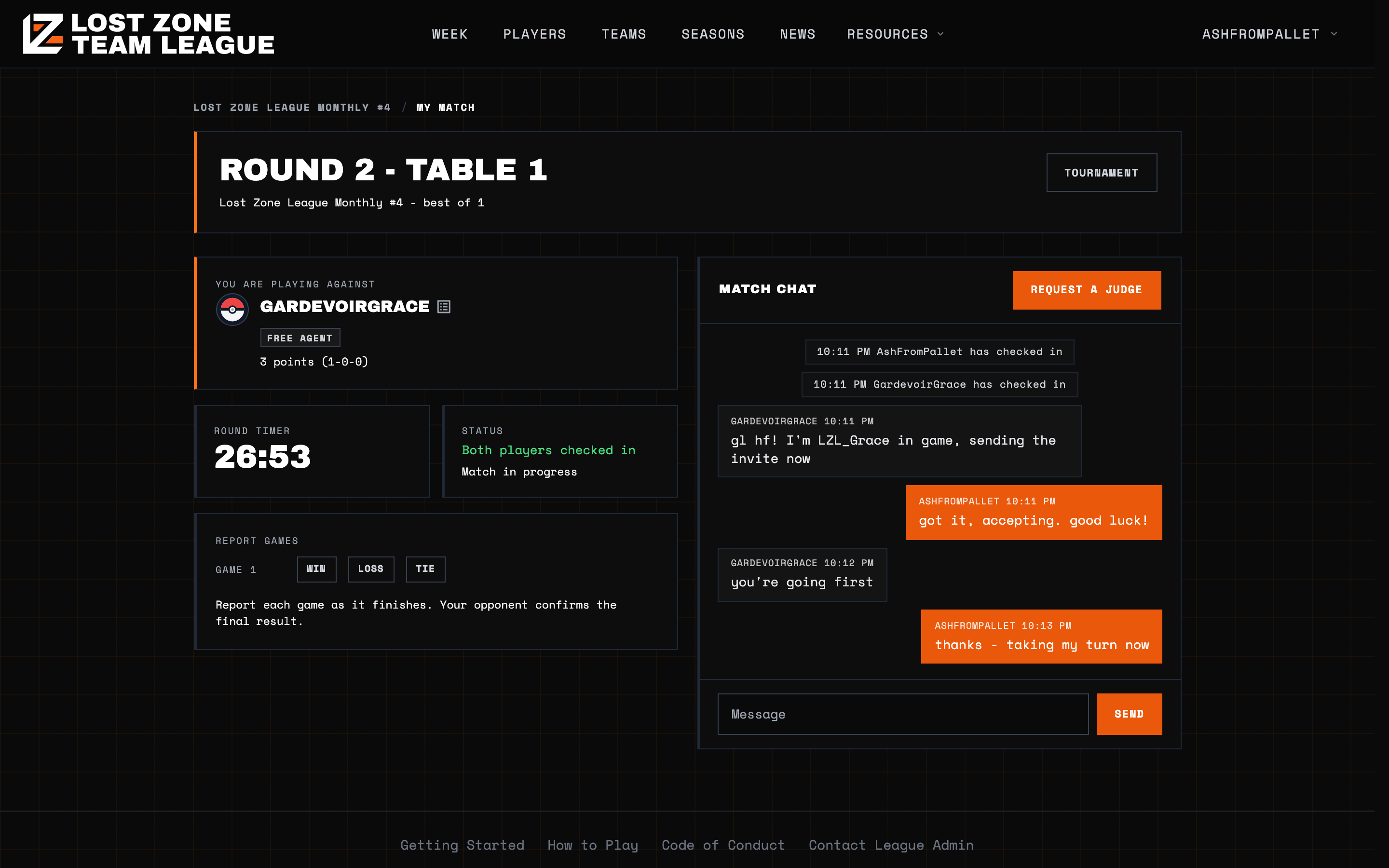 The match page with an active chat between two players and check-in system events