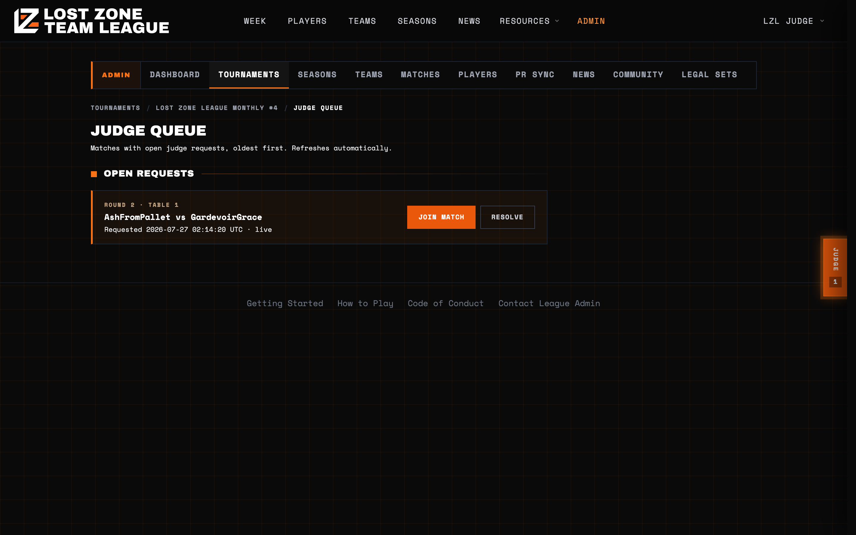 The admin judge queue listing an open request with Join Match and Resolve actions
