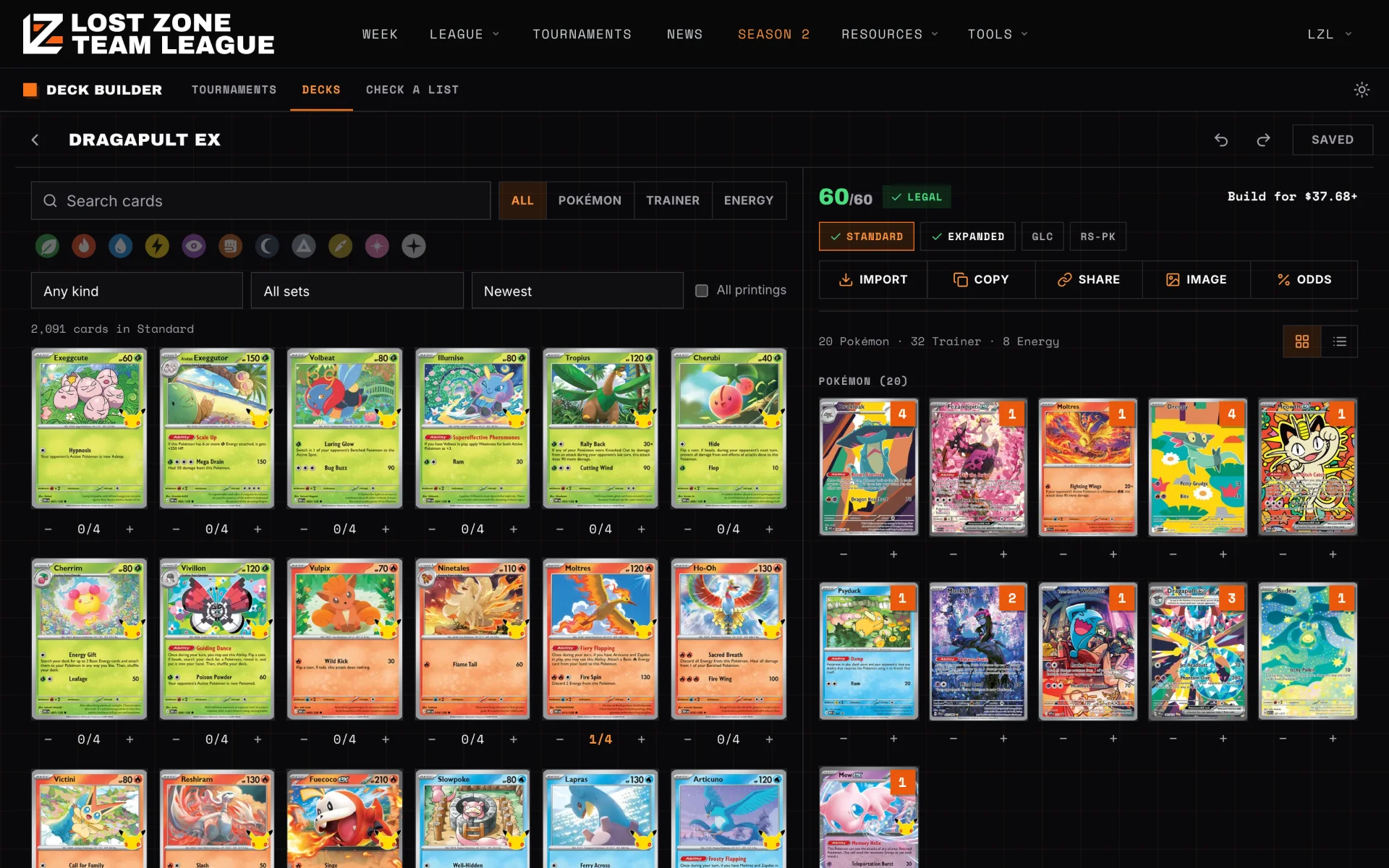 A 60-card Dragapult ex deck beside the searchable card pool
