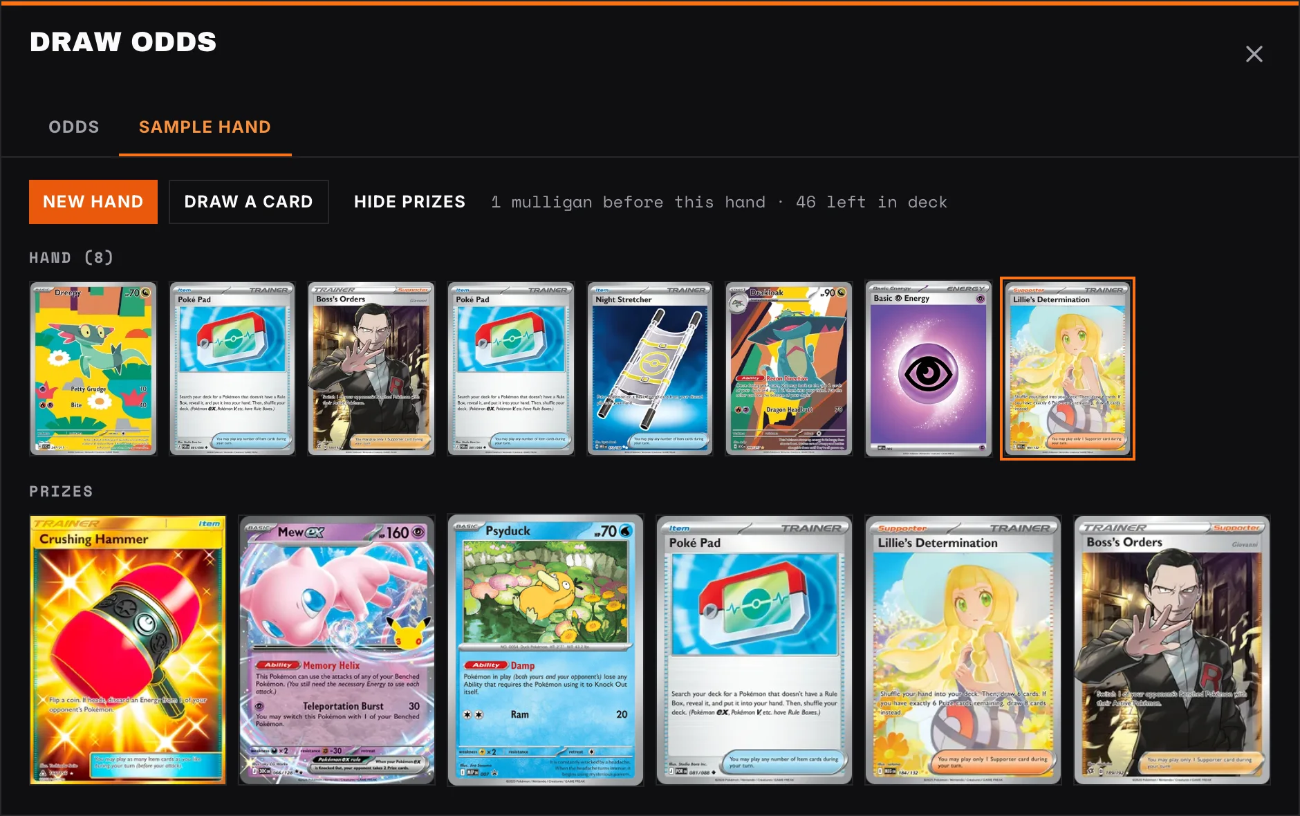 A test hand with prize cards and a card drawn for turn