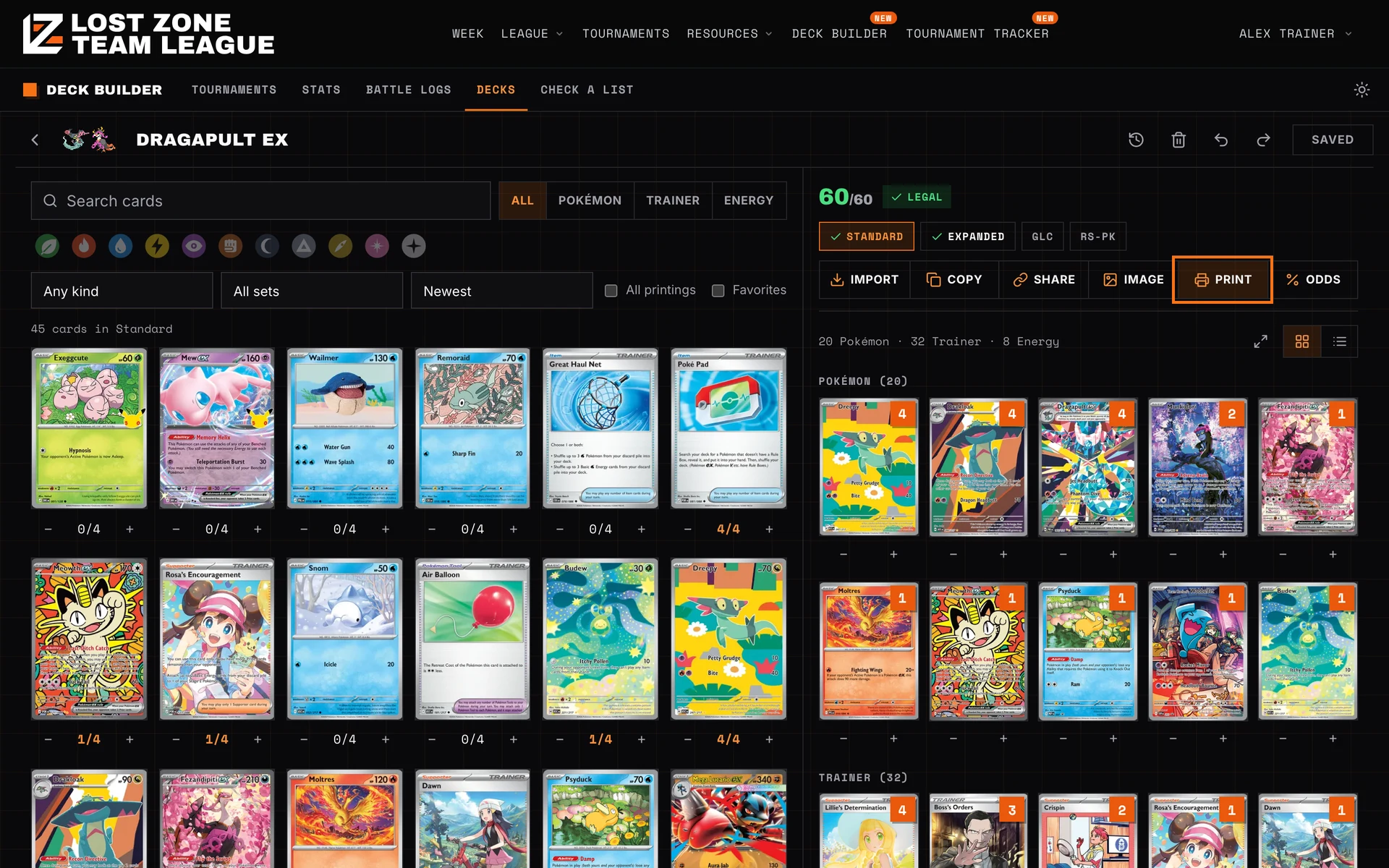 Dragapult ex in the deck builder with the Print button highlighted in the toolbar