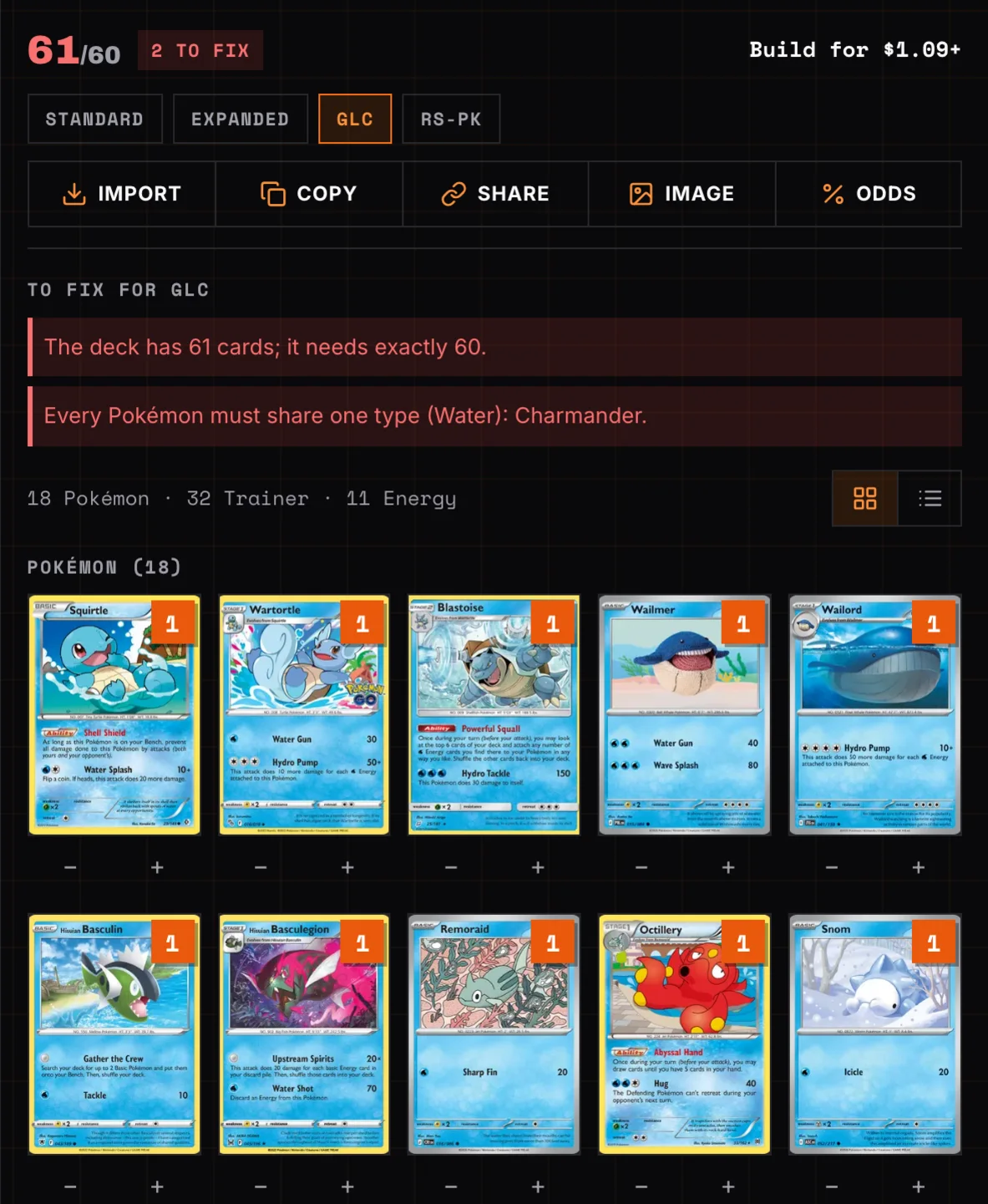 A GLC deck warning that it has 61 cards and a Pokémon of the wrong type