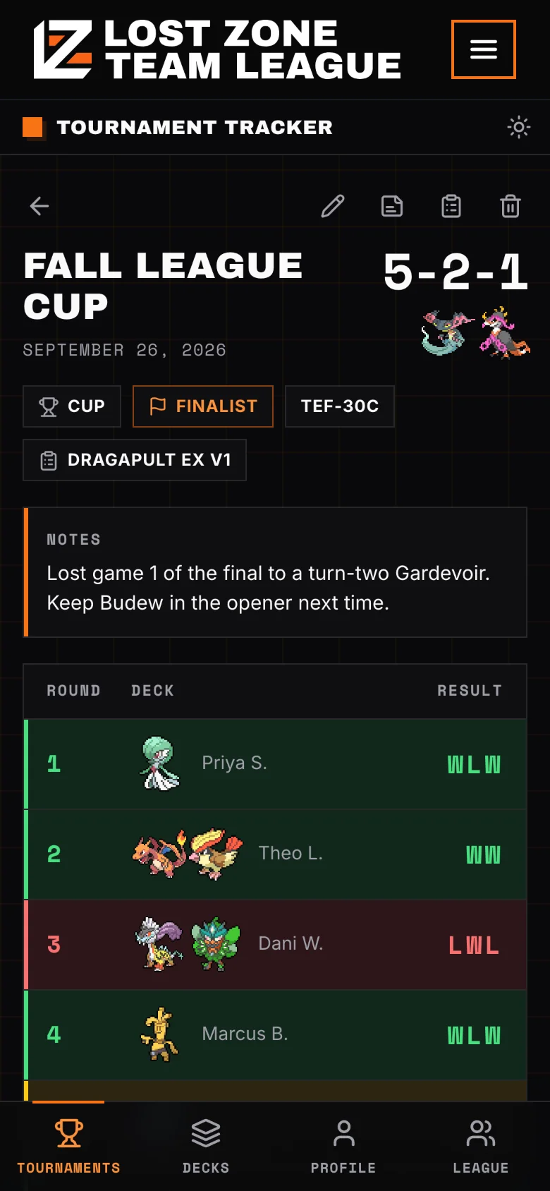 A League Cup in the tracker with its rounds and final record