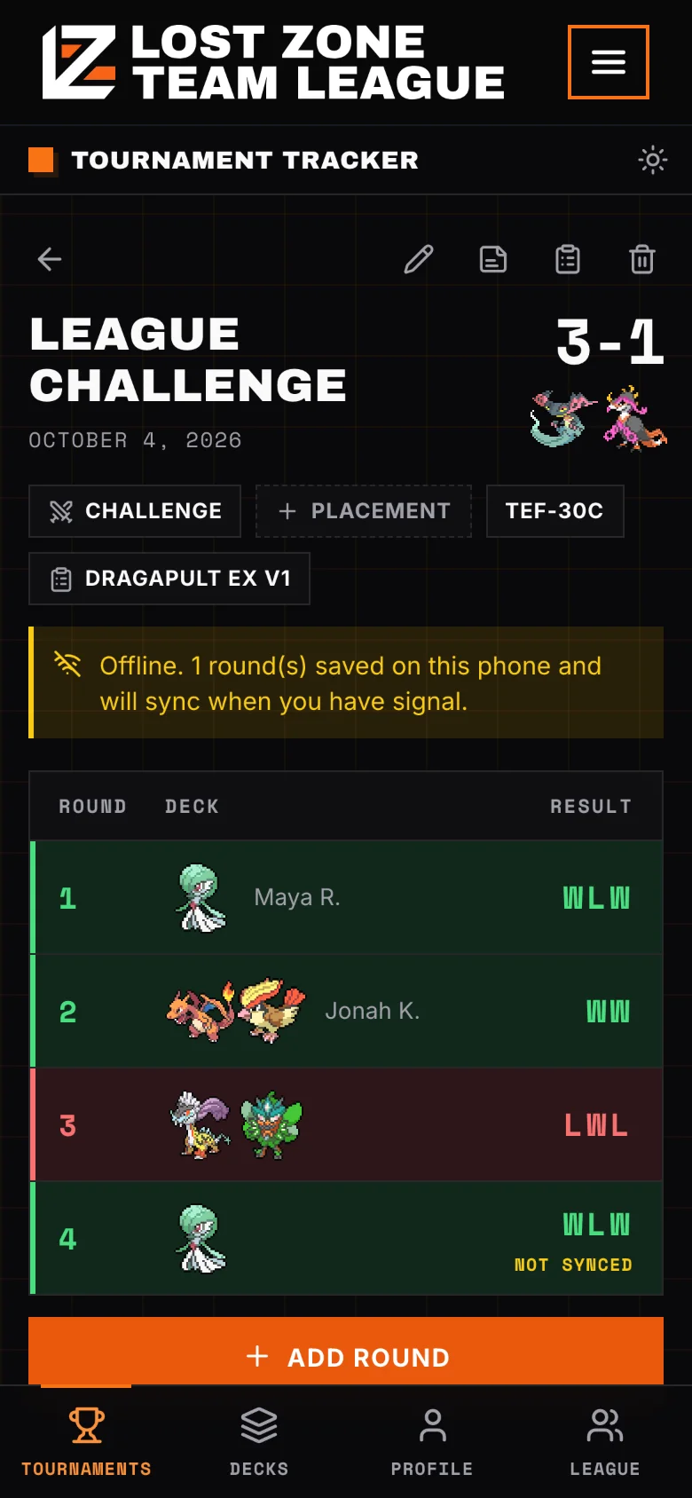 A round marked Not synced while the phone is offline