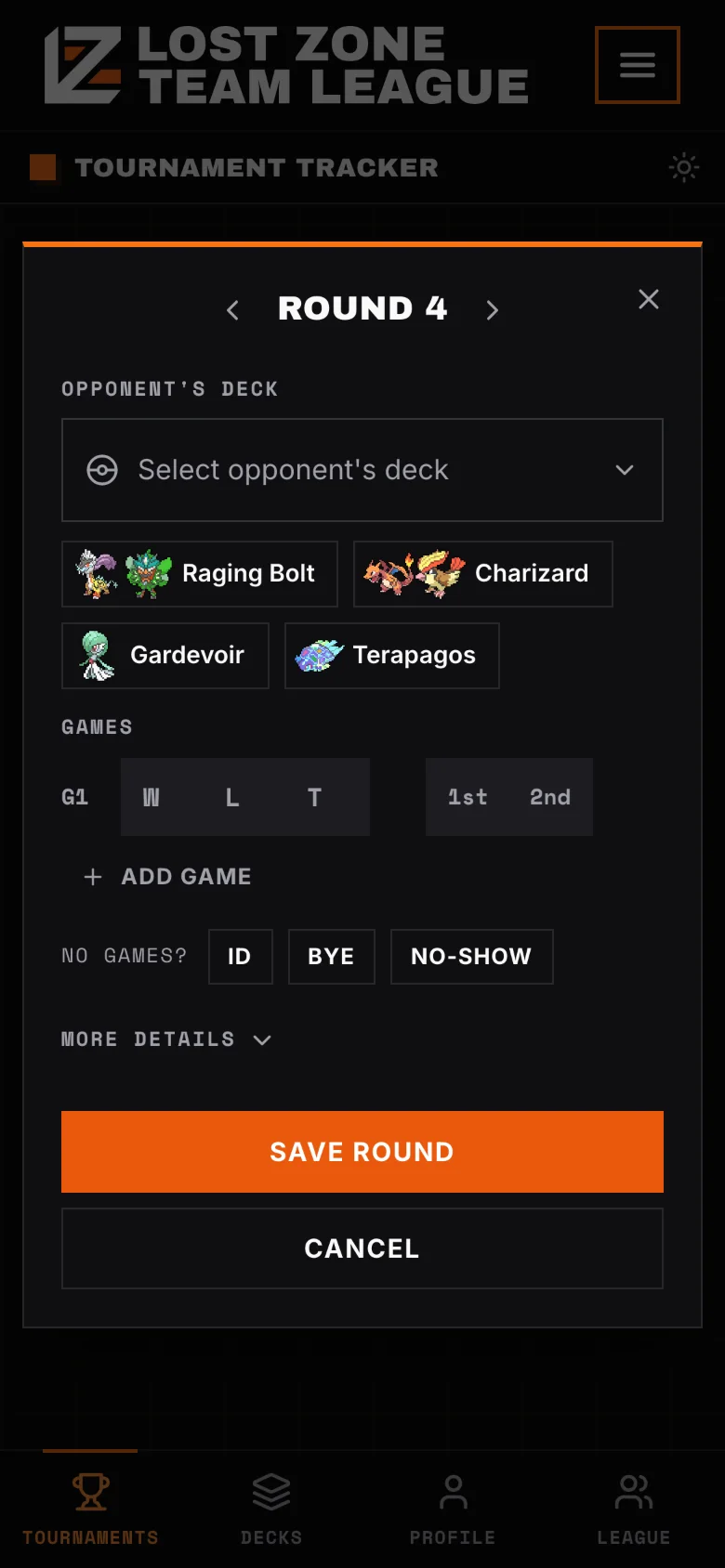 Adding a round with quick opponent deck picks and game results